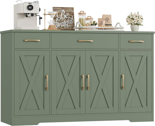 HOSTACK Buffet Sideboard Cabinet with Drawers, 55" Large Buffet Storage Cabinet with Shelves and Doors, Modern Farmhouse Coffee Bar Station for Kitchen, Dining Room, Green