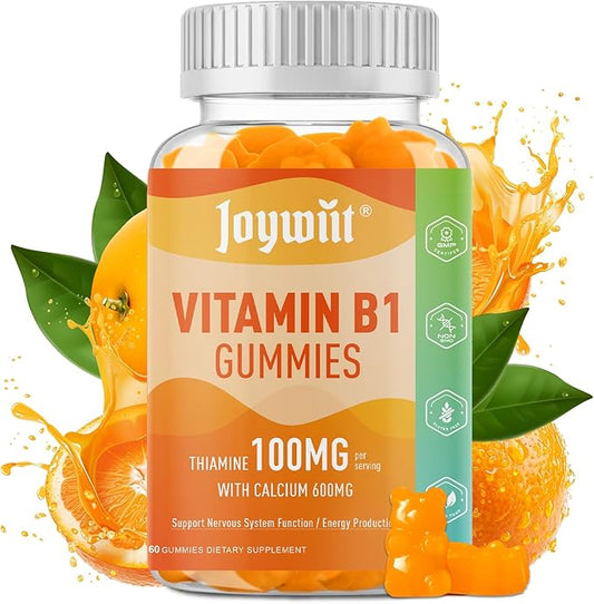 Vitamin B1 Gummies 100mg for Adults & Kids, Thiamine B1 Supplement with 600mg Calcium, Nervous System Supports & Boost Energy, Orange Flavor, Non GMO, Vegan, 60 Chewable Gummies