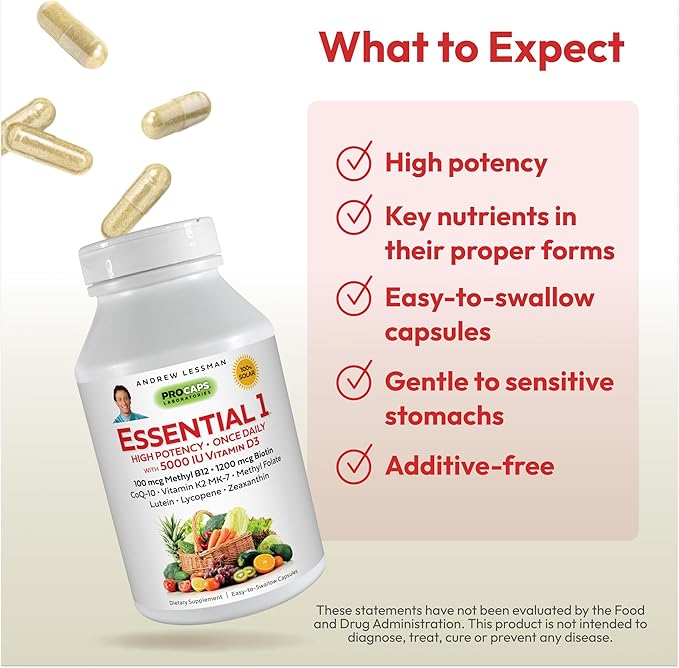 ANDREW LESSMAN Essential-1 Multivitamin 5000 IU Vitamin D3 60 Small Capsules – 100 mcg Methyl B12. CoQ10 Lutein Lycopene Zeaxanthin. High Potency. No Additives. Gentle Ultra-Mild. One Daily Capsule