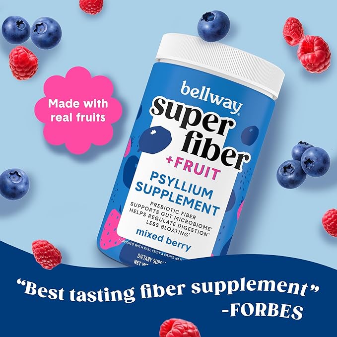 Bellway Super Fiber Powder + Fruit (5 Pack), Sugar Free Organic Psyllium Husk Powder Fiber Supplement for Regularity, Bloating Relief & Gut Health, Non-GMO, Plant-Based, Mixed Berry (250 Servings)