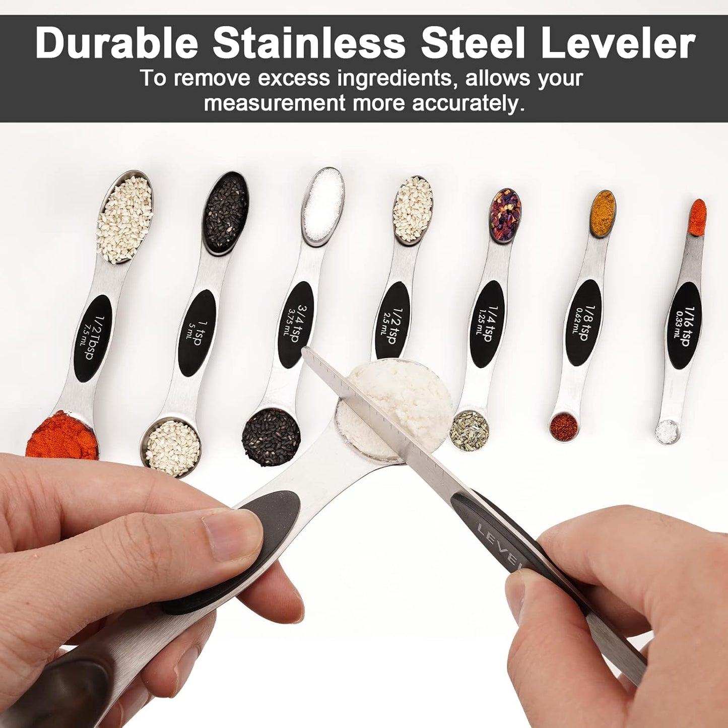 Aovchei 9 PCS Magnetic Measuring Spoons Set, Dual Sided, Stainless Steel Small Tablespoon, Teaspoons, Fits in Spice Jars, for Dry and Liquid, Black