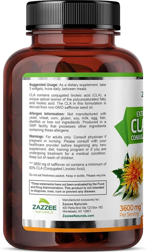 Zazzee High Potency CLA 3600, 180 Softgels, 3600 mg per Serving, Conjugated Linoleic Acid from Safflower Oil, Concentrated and Standardized, 60 Day Supply, Non-GMO and Made in The USA