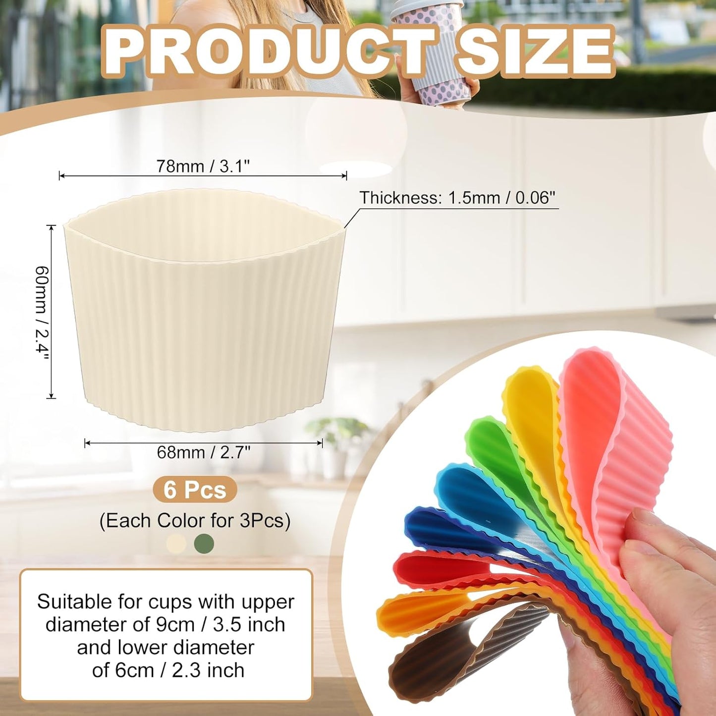 uxcell 6Pack Coffee Cup Sleeves, Reusable Silicone Heat Resistant Cup Protective Sleeve Nonslip Mug Protector Cover for Home Travel Coffee Mug Glasses Water Bottle Boots, Green/White