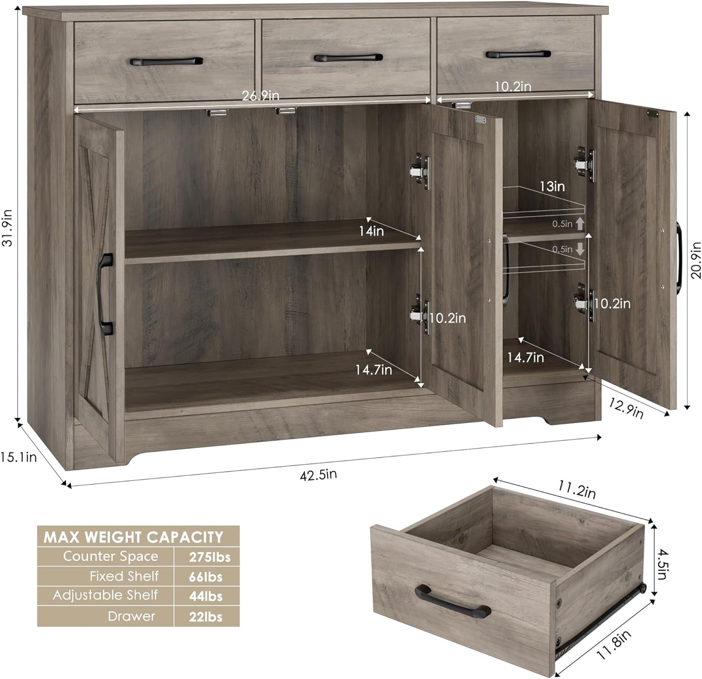 HOSTACK Modern Farmhouse Buffet Sideboard Cabinet, Barn Doors Storage Cabinet with Drawers and Shelves, Wood Coffee Bar with Storage for Dining Room, Kitchen, Living Room, Ash Grey