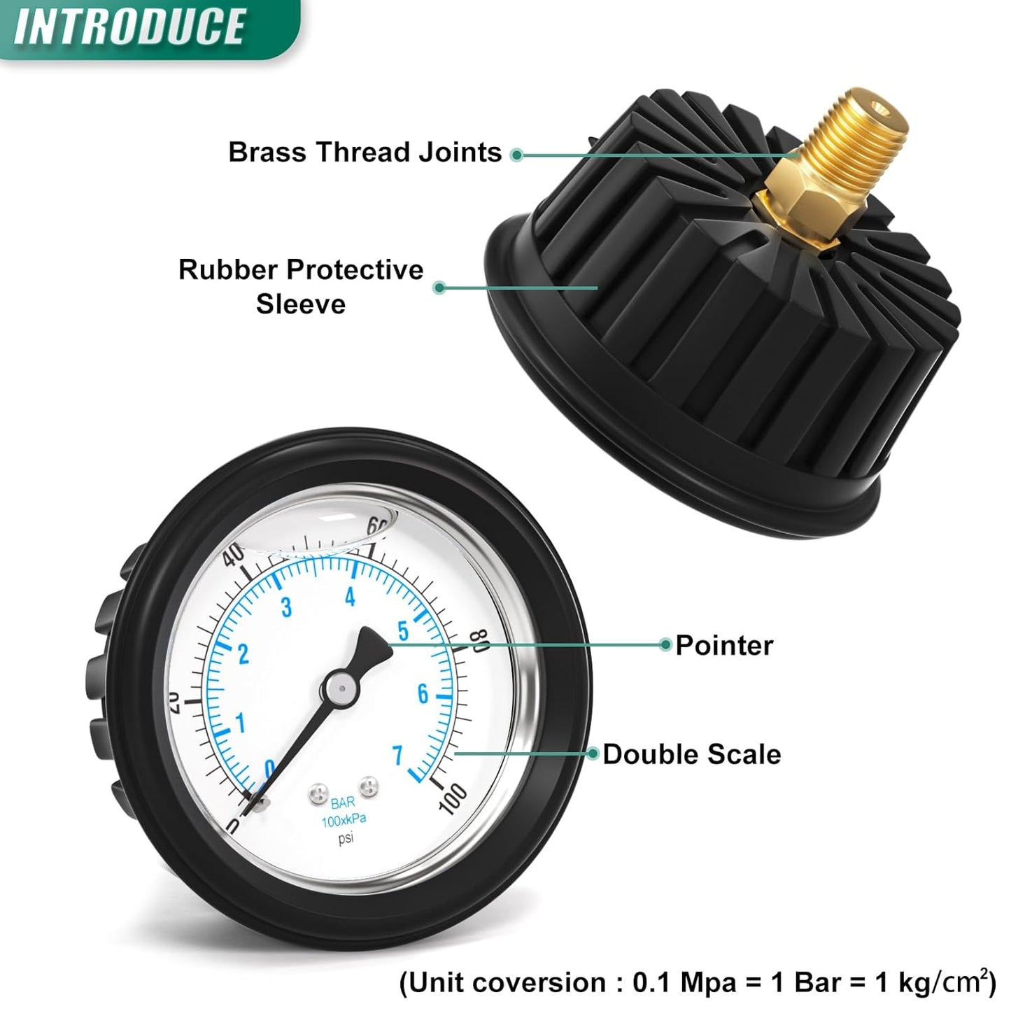 0-100PSI Stainless Steel Liquid Filled Pressure Gauge, 2.5" Dial Size, 1/4" NPT Back Mount, with Rubber Protective Sleeve, for Tube, Water Pump, Gas, Liquid, Pressure Test