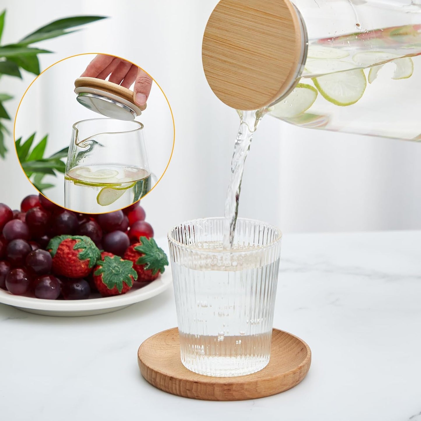 Hsei 2 Sets Glass Pitcher with Lid, 67.6 oz / 2000 ml Water Carafe with Handles Hot Cold Beverage Water Jar Glass Jug for Tea Juice Milk Coffee Iced Beverage(2l)