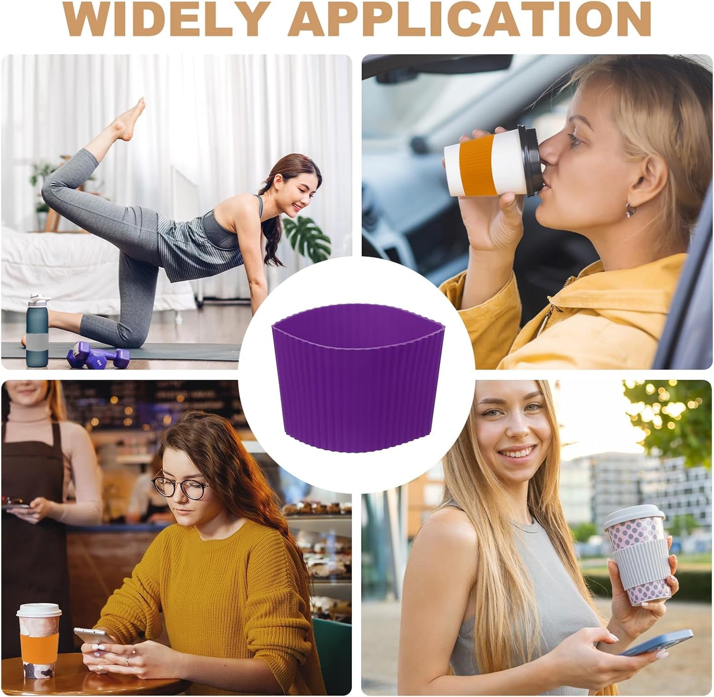 uxcell 6Pack Coffee Cup Sleeves, Reusable Silicone Heat Resistant Cup Protective Sleeve Nonslip Mug Protector Cover for Home Travel Coffee Mug Glasses Water Bottle Boots, Purple