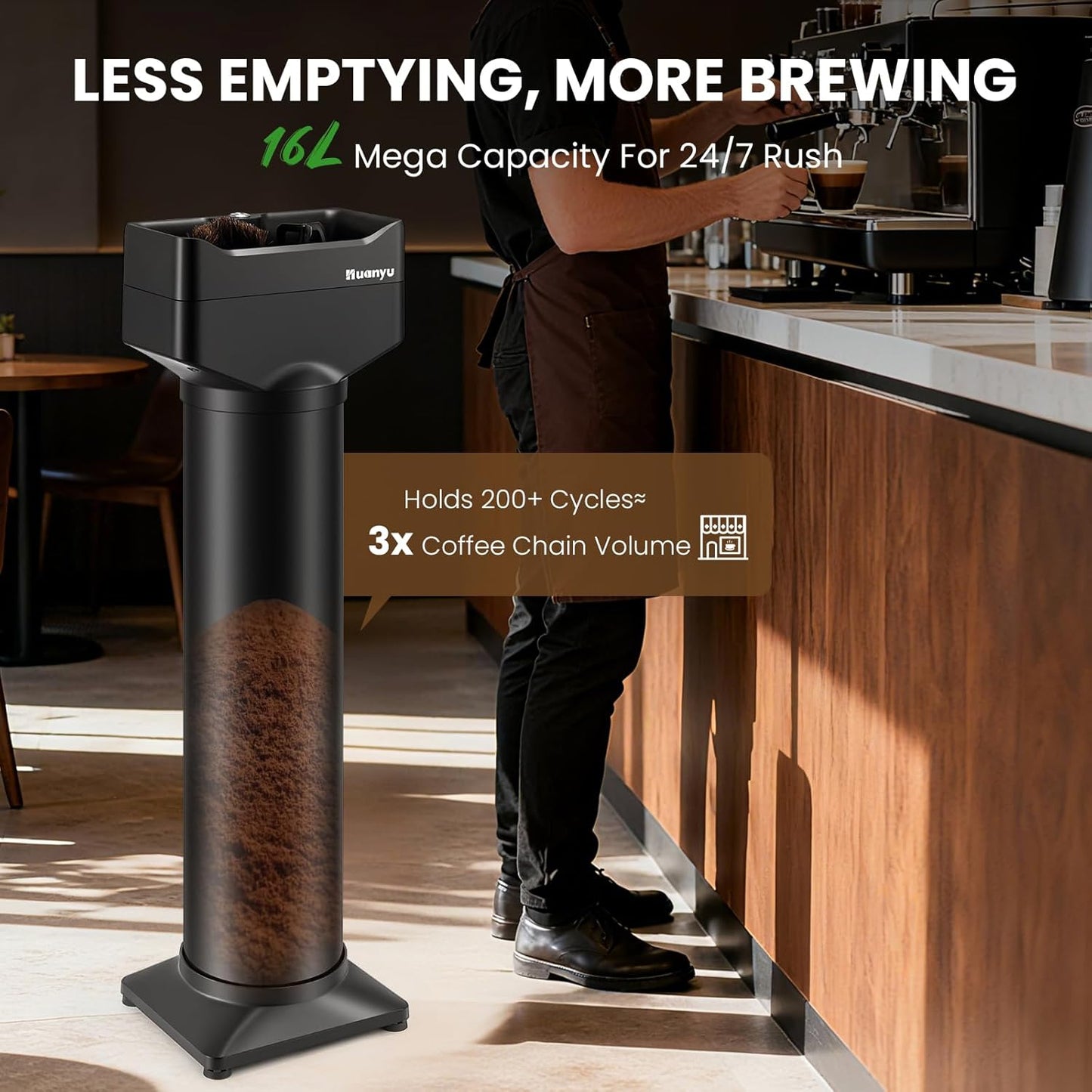 Huanyu Portafilter Cleaner Electric, 16L Large Capacity with 2 Brush Heads and 3 Scrapers for 58mm/51mm Portafilters, Vertical for Commercial Use, Automatic Coffee Grounds Cleaning Machine