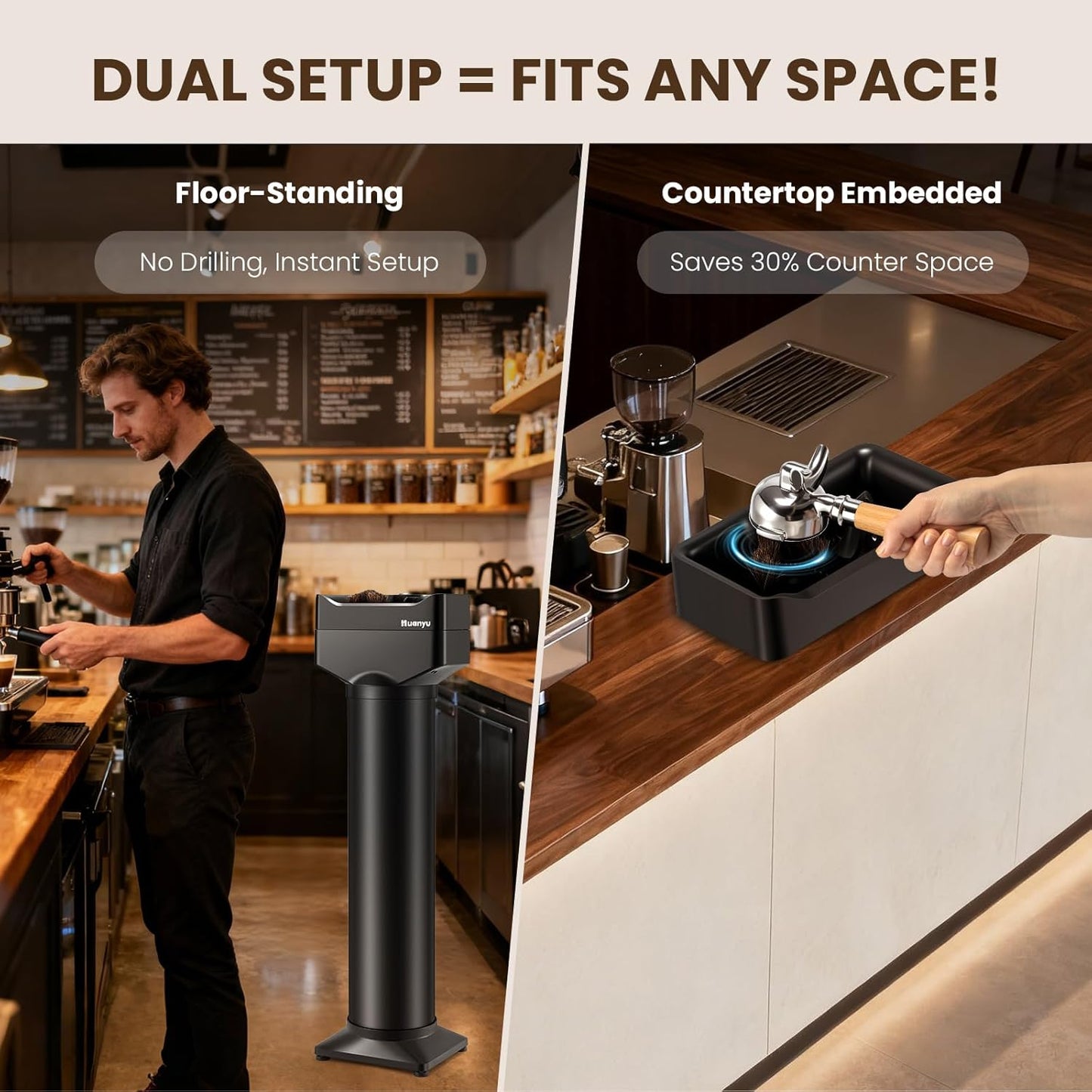 Huanyu Portafilter Cleaner Electric, 16L Large Capacity with 2 Brush Heads and 3 Scrapers for 58mm/51mm Portafilters, Vertical for Commercial Use, Automatic Coffee Grounds Cleaning Machine