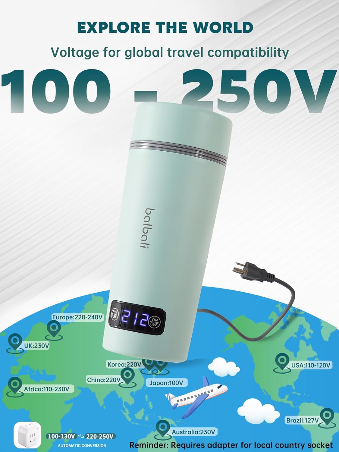 balbali Dual Voltage Travel Kettle 100-250V - 12oz Portable Water Boiler/Warmer/Heater for Boiling Water - 4 Preset Temperature Control Portable Tea Kettle Electric Travel - Green