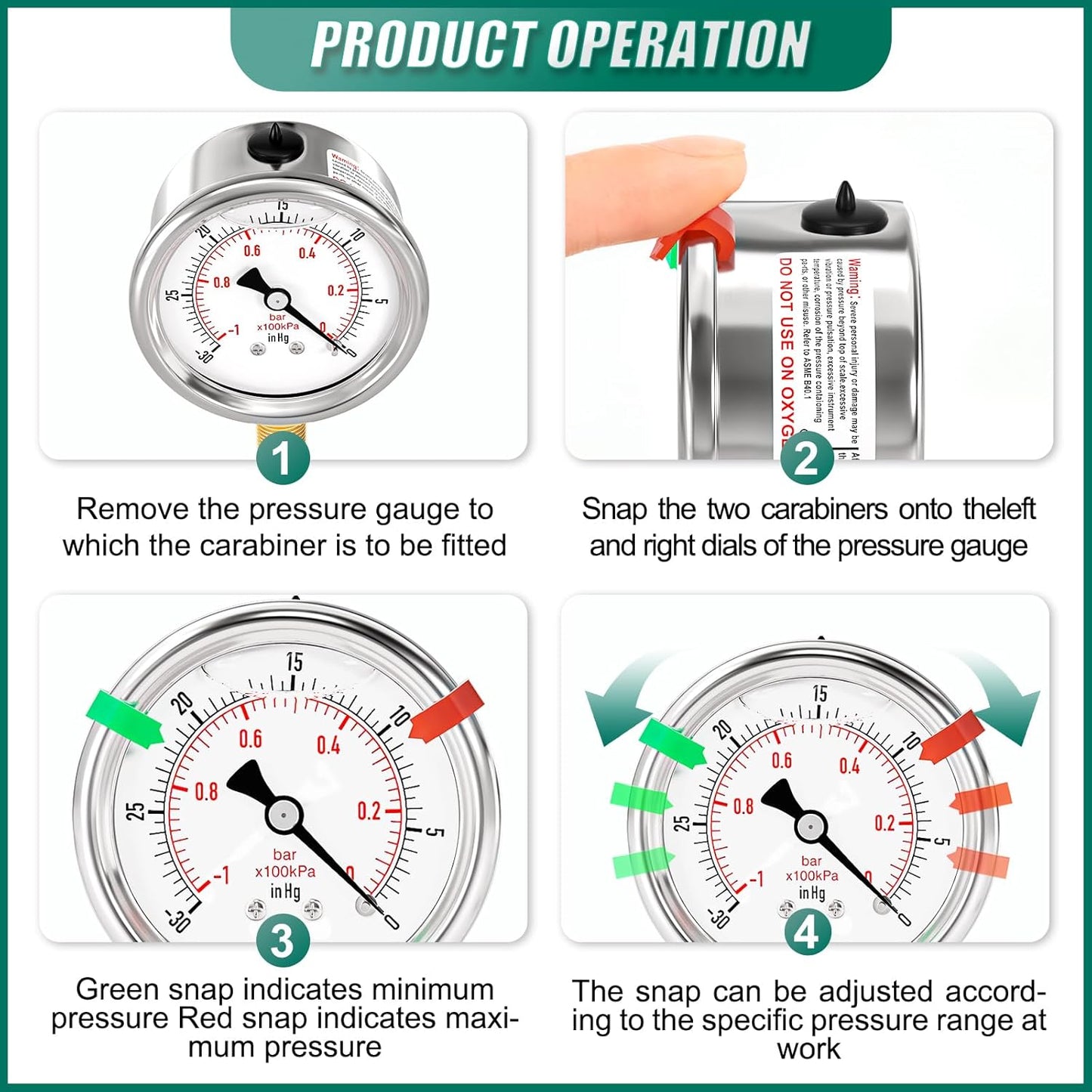 -30inHG~0Psi Stainless Steel Liquid Filled Pressure Gauge, 2.5" Dial Size, 1/8" NPT Lower Mount, for Tube, Water Pump, Gas, Liquid, Pressure Test (with Range Mark Pointer)