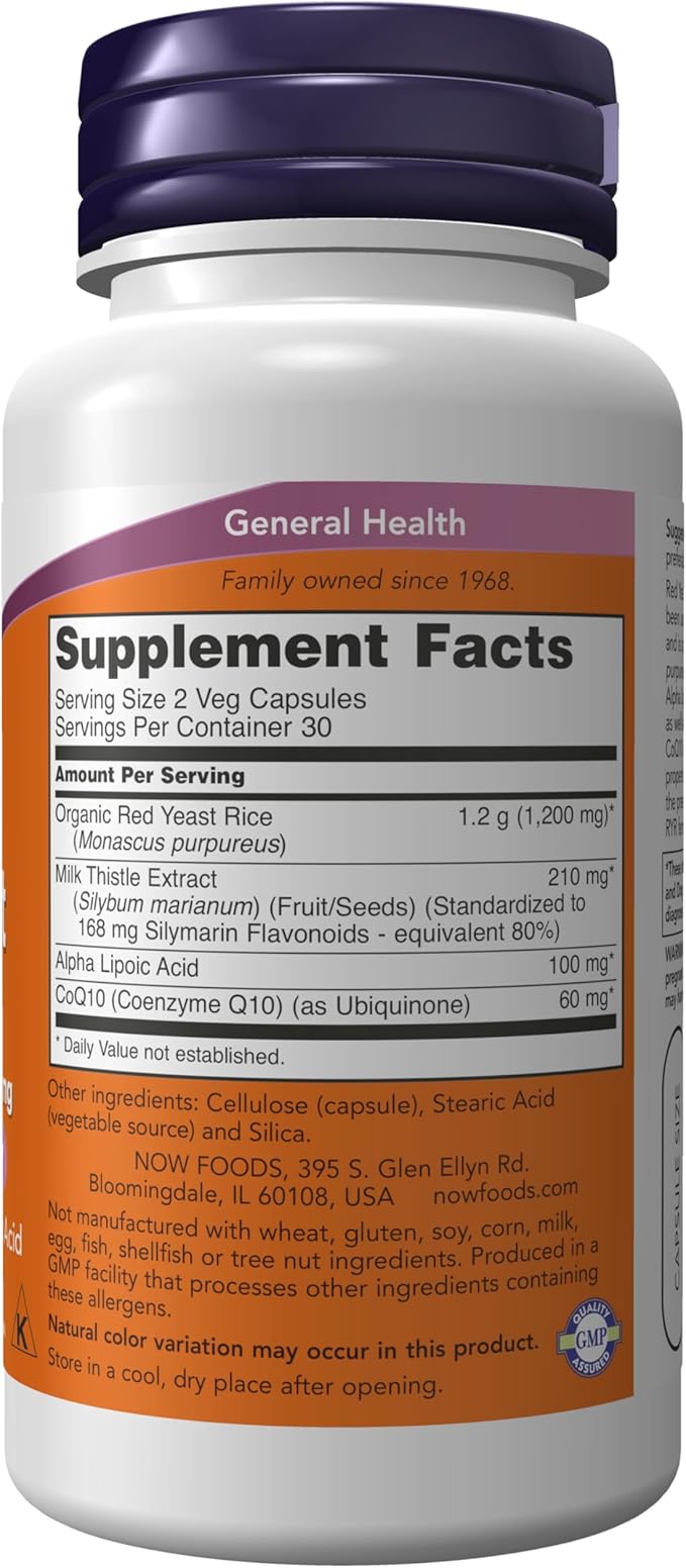 NOW Foods Supplements, Red Yeast Rice with CoQ10, plus Milk Thistle & Alpha Lipoic Acid, 60 Veg Capsules