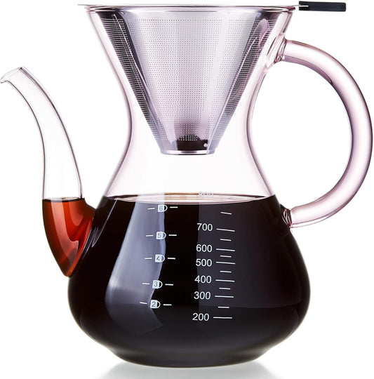 Unbreakable - Pour Over Coffee Maker with Double Stainless Filter 34 fl oz, Thickened Heat-Resistant Borosilicate Glass Pour Over Coffee Dripper, Stovetop Safe