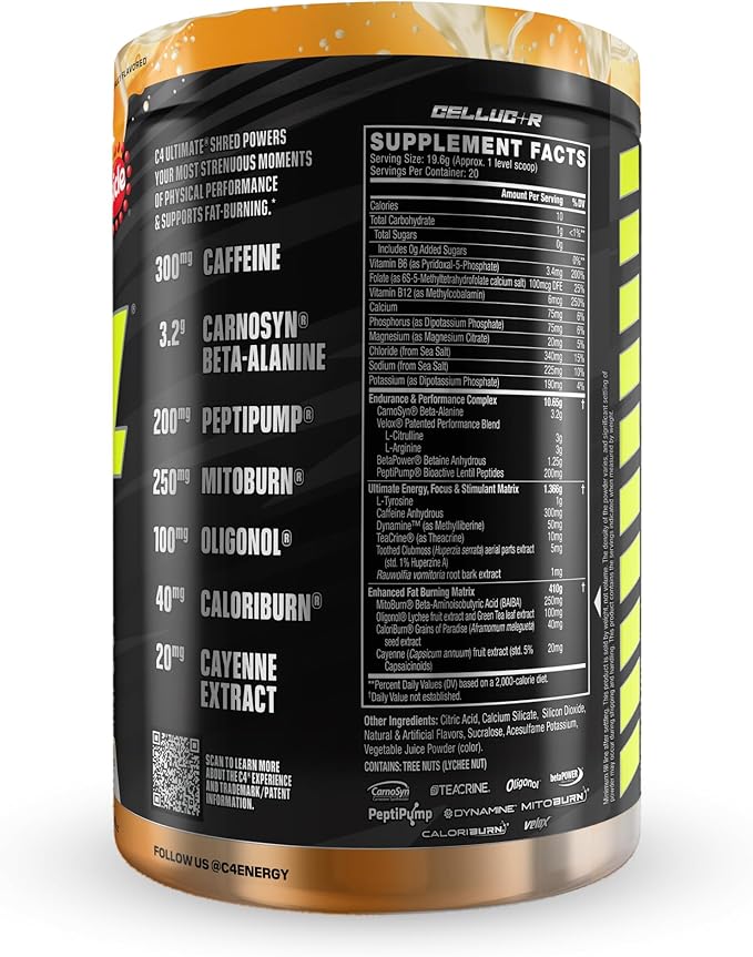 Cellucor C4 Ultimate Shred Pre Workout Powder, Metabolism Supplement with Cayenne Extract+300mg Caffeine+TeaCrine+Dynamine - Orange Creamsicle, 20 Servings