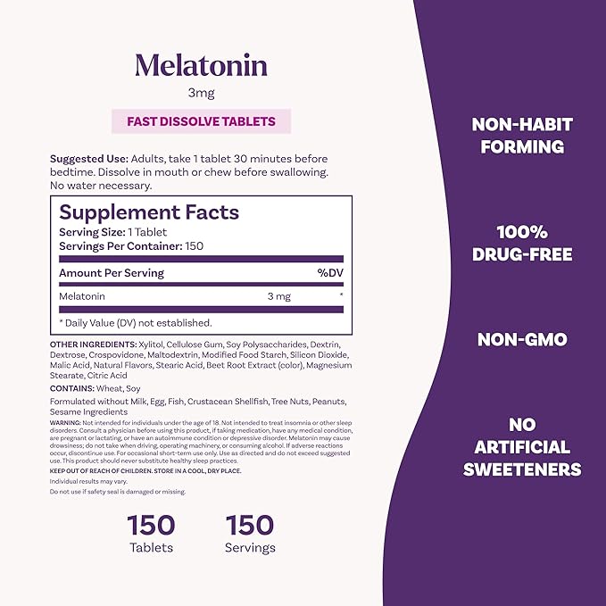 Natrol Fast Dissolve Melatonin 3 mg, Melatonin Supplements for Restful Sleep, Sleep Support for Adults, 150 Strawberry-Flavored Tablets, Up to a 150 Day Supply