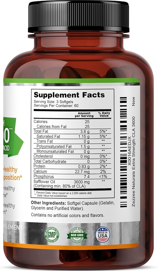 Zazzee High Potency CLA 3600, 180 Softgels, 3600 mg per Serving, Conjugated Linoleic Acid from Safflower Oil, Concentrated and Standardized, 60 Day Supply, Non-GMO and Made in The USA