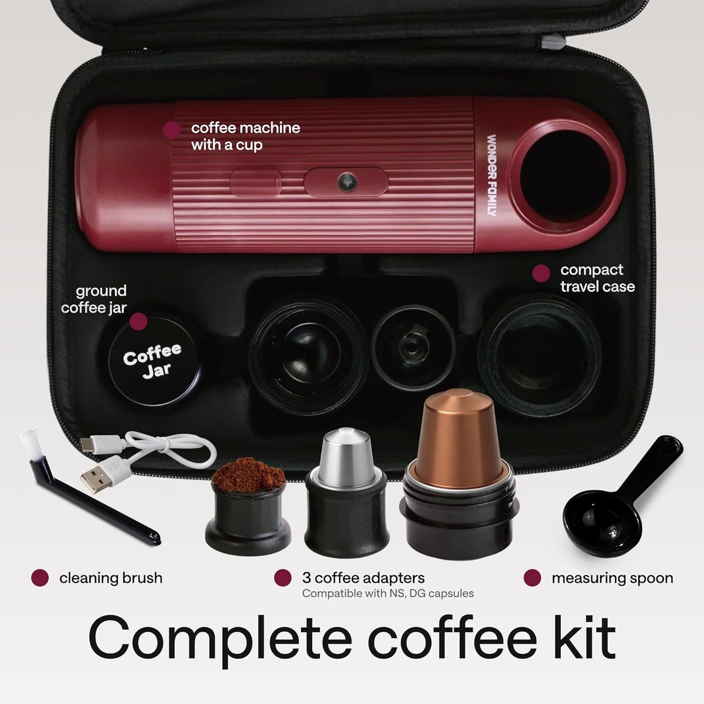 Portable Espresso Maker for Travel - Coffee Maker 5 Cup with Cold Water, 150 Cup with Preheated Water - Expresso Coffee Machine for Grounds, DG & NS Capsule - Automatic Espresso Machine, Type-C Charge