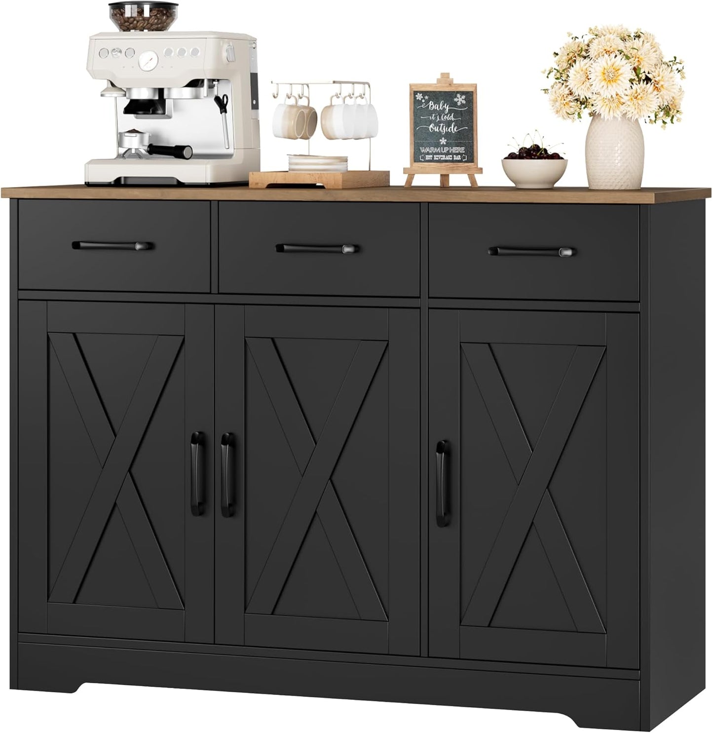 HOSTACK Modern Farmhouse Buffet Sideboard Cabinet, Barn Doors Storage Cabinet with Drawers and Shelves, Wood Coffee Bar with Storage for Dining Room, Kitchen, Living Room, Black/Rustic Brown