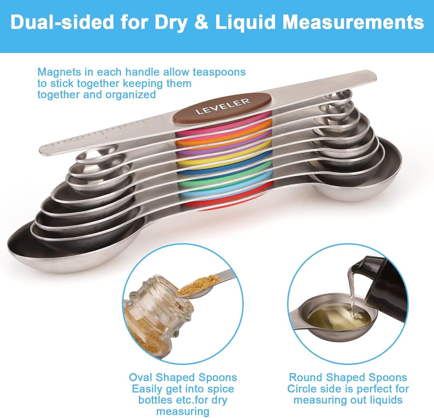 Aovchei 9 PCS Magnetic Measuring Spoons Set, Dual Sided, Stainless Steel Small Tablespoon, Teaspoons, Fits in Spice Jars, for Dry and Liquid, MultiColor