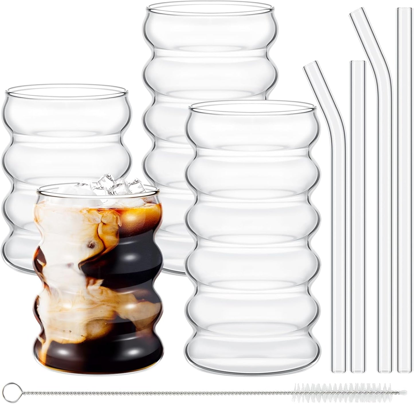 Tessco for you 4 Pcs Creative Glass Cups Vintage Drinking Glasses Ribbed Glassware Aesthetic Cup Entertainment Dinnerware Glassware with Straws Set for Kitchen Coffee Beverage(13.5 Oz, 16 oz,Clear)