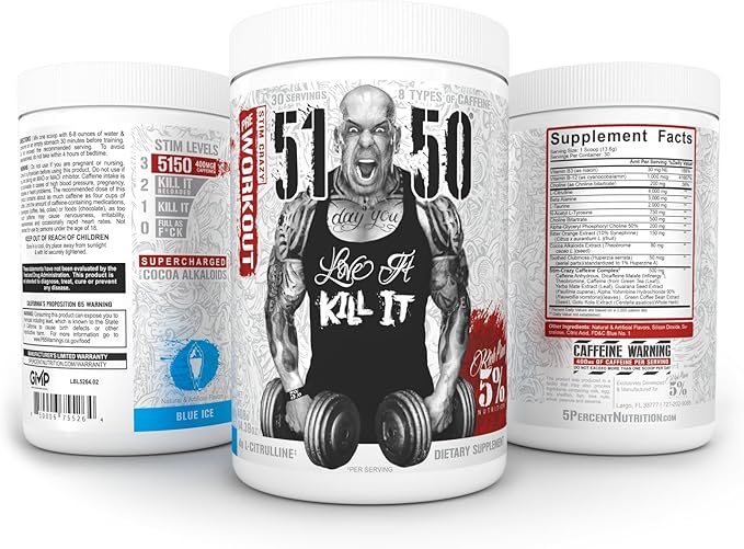 5% Nutrition Rich Piana 5150 High Stim Pre-Workout Powder | Extreme Energy, Focus, Pumps & Endurance | 400 mg Caffeine, Citrulline, Beta Alanine, N-Acetyl L-Tyrosine | 30 Srvgs (Blue Ice)
