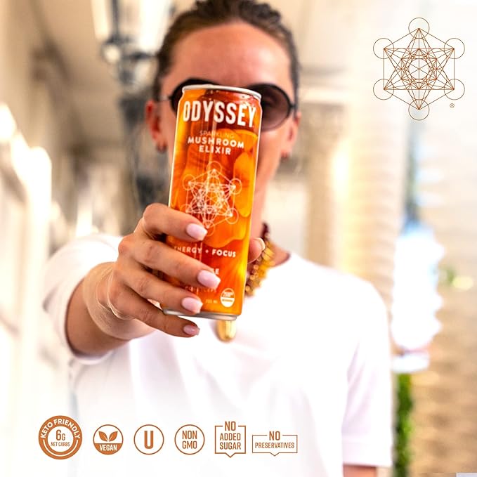 Odyssey Elixir Functional Beverage - Adaptogen Drink with Lions Mane, Cordyceps, L Theanine & Green Tea Caffeine - for Cognition, Energy & Mood Boost - 0 Added Sugar - Orange - 12 Fl oz, 12 Pack