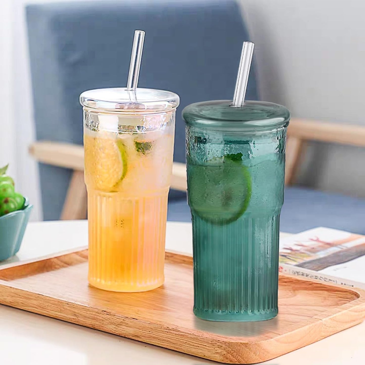 Glass Coffee Cups with Lids and Straws, 20 OZ Green Iced Water Glasses Tumblers for Ice Juice, Tea, Milk, Smoothie and Cold or Hot Drinks, Set of 2
