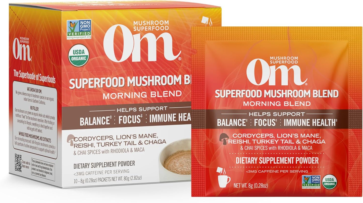 Om Mushroom Superfood Morning Energy Blend Mushroom Powder Drink, Single Serve, 10 Count, Coffee Free Energy Drink with Cordyceps, Vitamin D2, Agaricus Bisporus, Lion's Mane, Rhodiola, and Turkey Tail