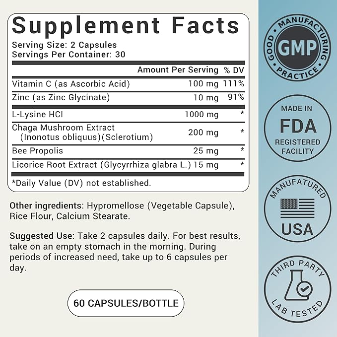L-Lysine Cold Sore Treatment For Lips With Immune Support - L Lysine 1000mg Capsules, Chaga, Bee Propolis, Vitamin C, Zinc & Licorice Root Extract - Non-GMO, Vegetarian, 60 Capsules for Men and Women-HarmonyPath Wellness