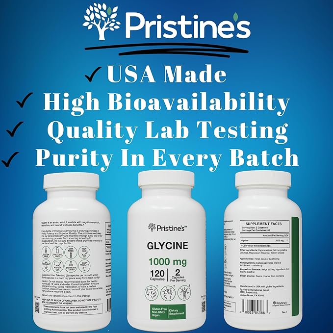 PRISTINE'S Glycine (3 Pack) 1000MG Amino Acid Sleep Support Supplement Capsules - 180 Day Supply - Muscle Recovery, Collagen & Kidney Support Supplement - Vegan, Non GMO, Gluten Free