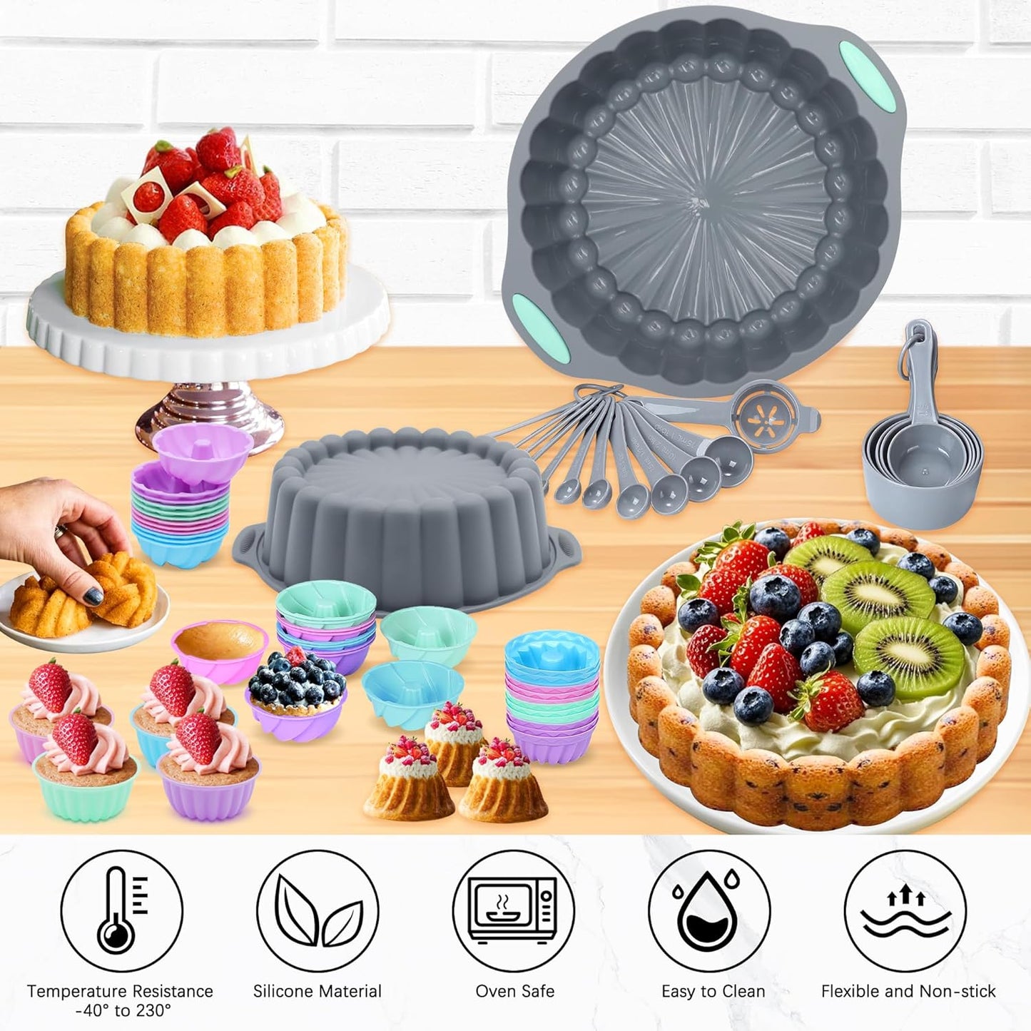 Tongjude 72 Pieces Silicone Bakeware Set, Nonstick Baking Pans Set, Easy Release Oven Silicone Pan for Kitchen with Cake Pans, Loaf Pans, Baking Cups, Measuring Cups and Spoons Set, Grey