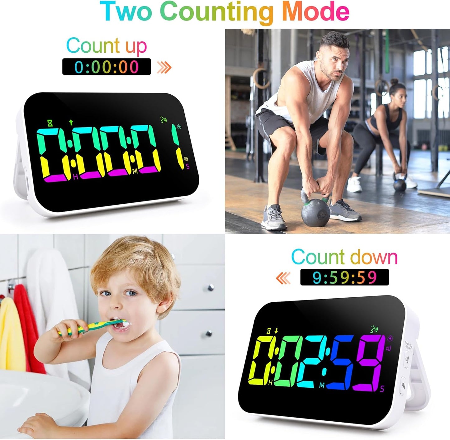 Kitchen Timer for Cooking, 10 RGB Color Rechargeable Digital Magnetic KidsTimer with Voice Reminder, Countdown/Up, 5”LED Display 3 Brightness 4 Volume Adjustable for Kids Classroom Home Gym-RGB