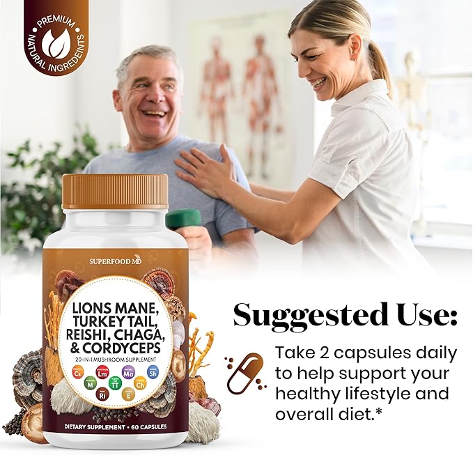 Lions Mane 3000mg 20in1 Mushroom Supplement with Turkey Tail 2000mg Reishi 1000mg Cordyceps Chaga 1000mg with Marshmallow Root - 180 Count