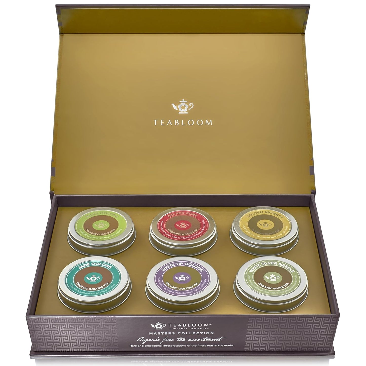 Teabloom Masters Collection - Six Rare Single-Origin Organic Loose Leaf Teas - Milky Oolong, White Silver Needle, Big Red Robe, Golden Monkey, Jade and White Tip Oolong