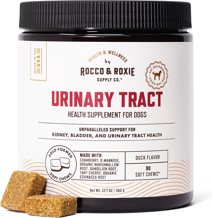 Rocco and Roxie Dog UTI Treatment, Cranberry Supplement for Dogs, Bladder Control, Urinary Tract Support with D-Mannose and Tart Cherry, Incontinence Health Supplements, Dog Treat Soft Chews 90 ct