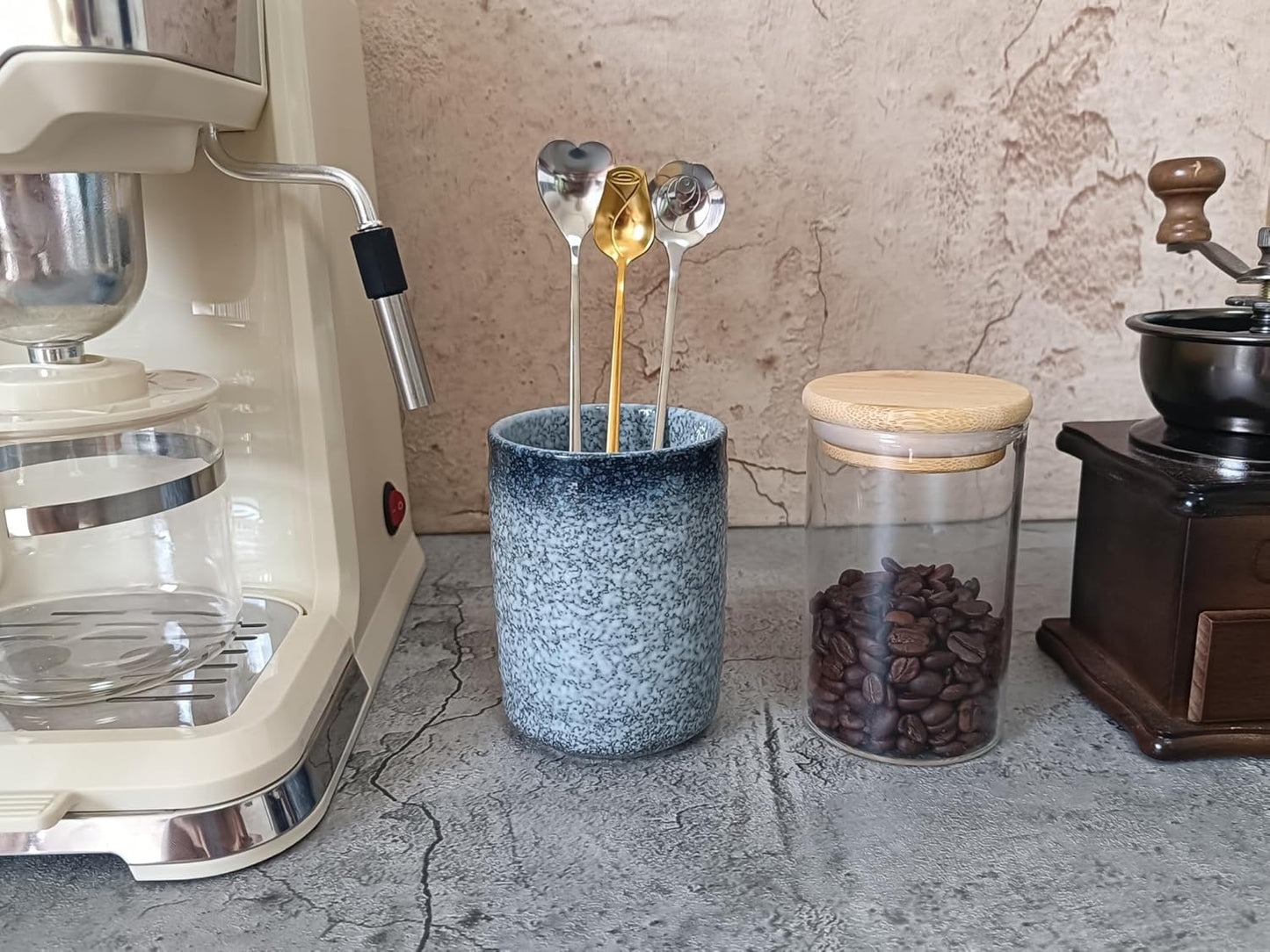 Stoneware Coffee Bar Utensil Holder Tea & Coffee Spoon & Stirrer Holder for Stir Stick Straw Teaspoon Holder Spoon Cup Small Utensil Jar (Stone Blue)