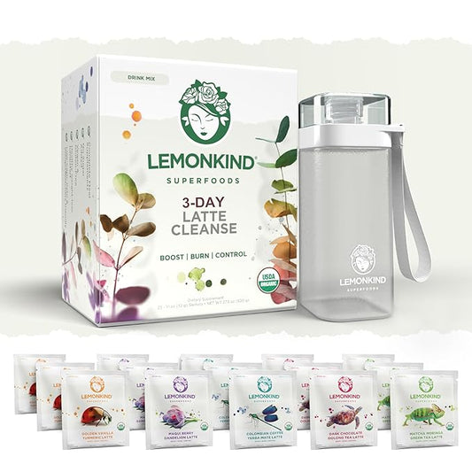LEMONKIND Organic 3 Day Cleanse with Clinically Studied Prickly Pear - Keto-friendly, Plant-Based Protein & Gluten-Free, 15 Lattes (Coffee, Chocolate, Vanilla, Maqui & Matcha) + Blender Bottle