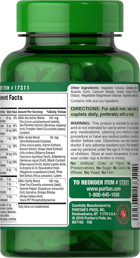 Puritan's Pride High Potency Ultra Man 50 Plus Coated Caplets, 60 Count