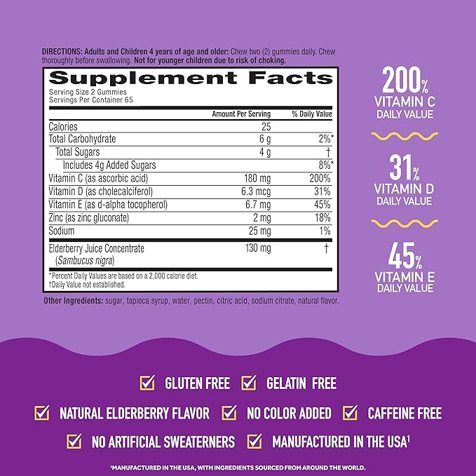 Airborne Elderberry + Zinc & Vitamin C Gummies for Adults, Immune Support with Antioxidants Vitamins C, D & E, 130 Count, Elderberry Flavor