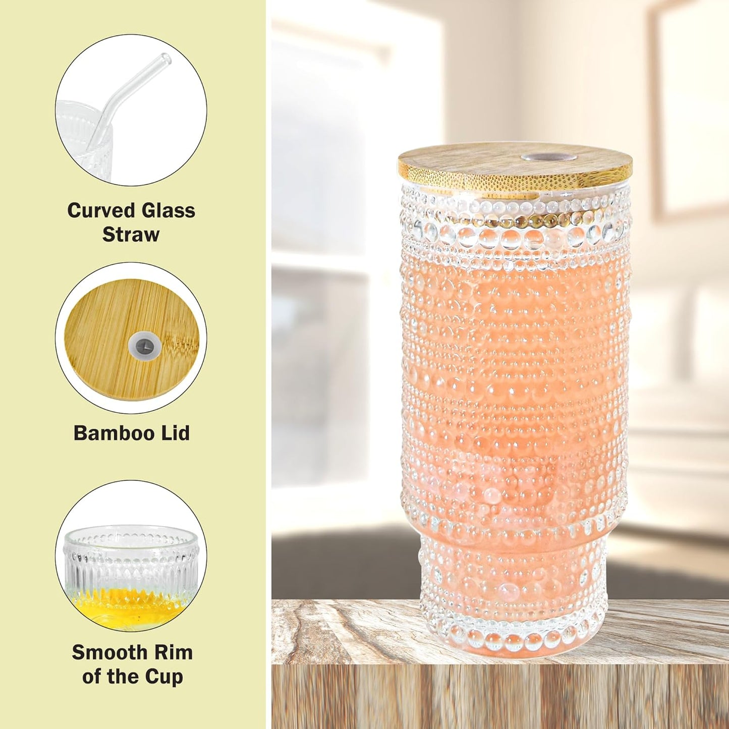 4 Pcs 16 oz Glasses Cups Set with Bamboo Lids Straws Brush Hobnail Glassware Set for Juice Iced Coffee Beer and Cocktail Whiskey