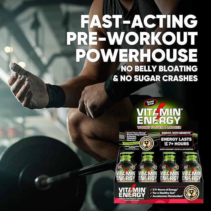 Vitamin Energy Pre Workout Drink - Keto Friendly Sugar Free Shots | Natural Clean Green Tea Caffeine with Proprietary Endurance Blend | Energize up to 7+ Hours - Sour Apple - 1.93 Fl Oz (Pack of 12)