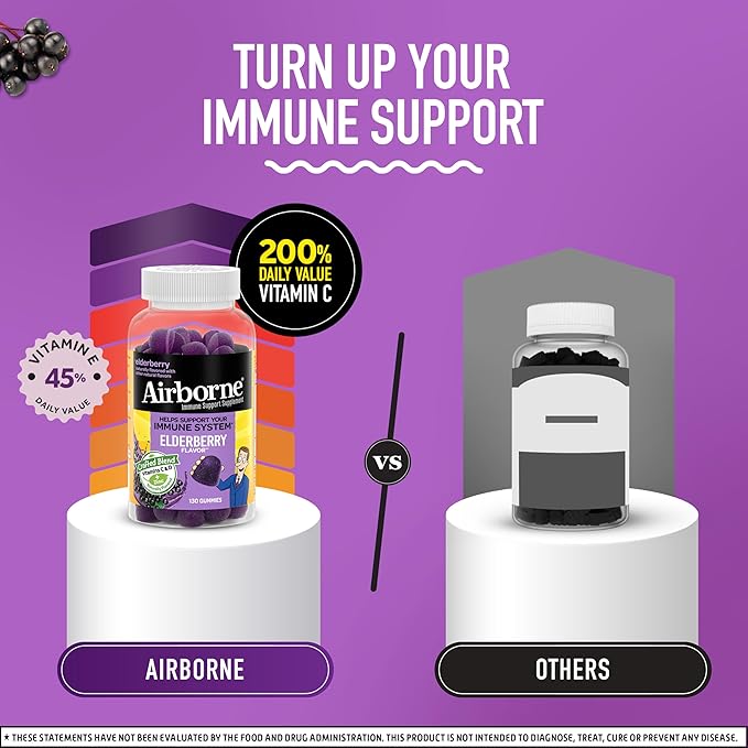 Airborne Elderberry + Zinc & Vitamin C Gummies for Adults, Immune Support with Antioxidants Vitamins C, D & E, 130 Count, Elderberry Flavor