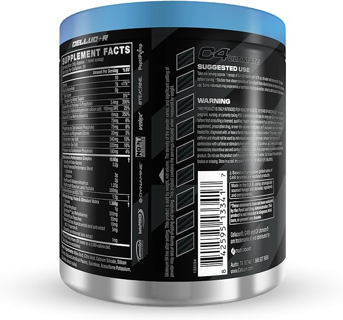 Cellucor C4 Ultimate Pre Workout Powder - Sugar Free Preworkout Energy Supplement for Men & Women - 300mg Caffeine + TeaCrine + Dynamine + Creatine - ICY Blue Razz, 20 Servings