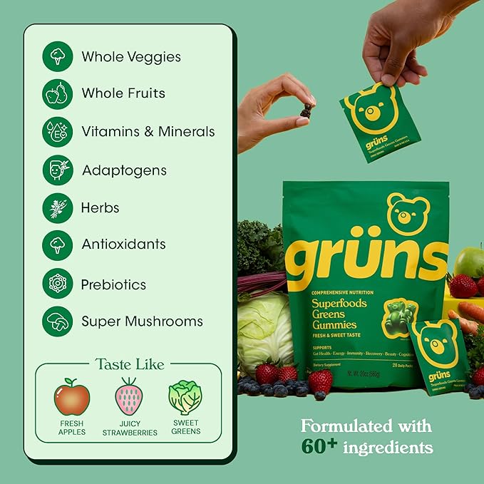 Daily Super Greens Gummies: Organic Spirulina and Chlorella, Prebiotics for Digestive & Gut Health, 20+ Vitamins and Minerals, Adaptogens & 60+ Organic Ingredients, 28 Day (224 Count)