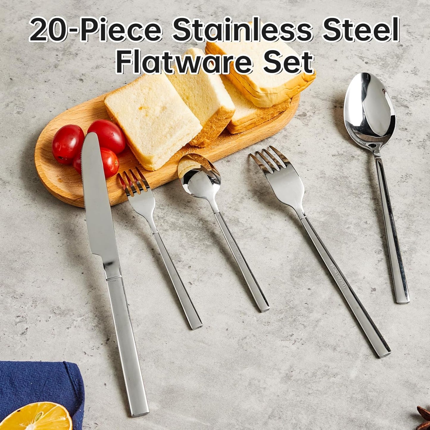 20-Piece Stainless Steel Flatware Set, Service for 4 — 4 × 5-Piece Place Settings (Knife, Dinner Fork, Salad Fork, Dinner Spoon & Teaspoon), Mirror-Finish, Dishwasher Safe Silverware