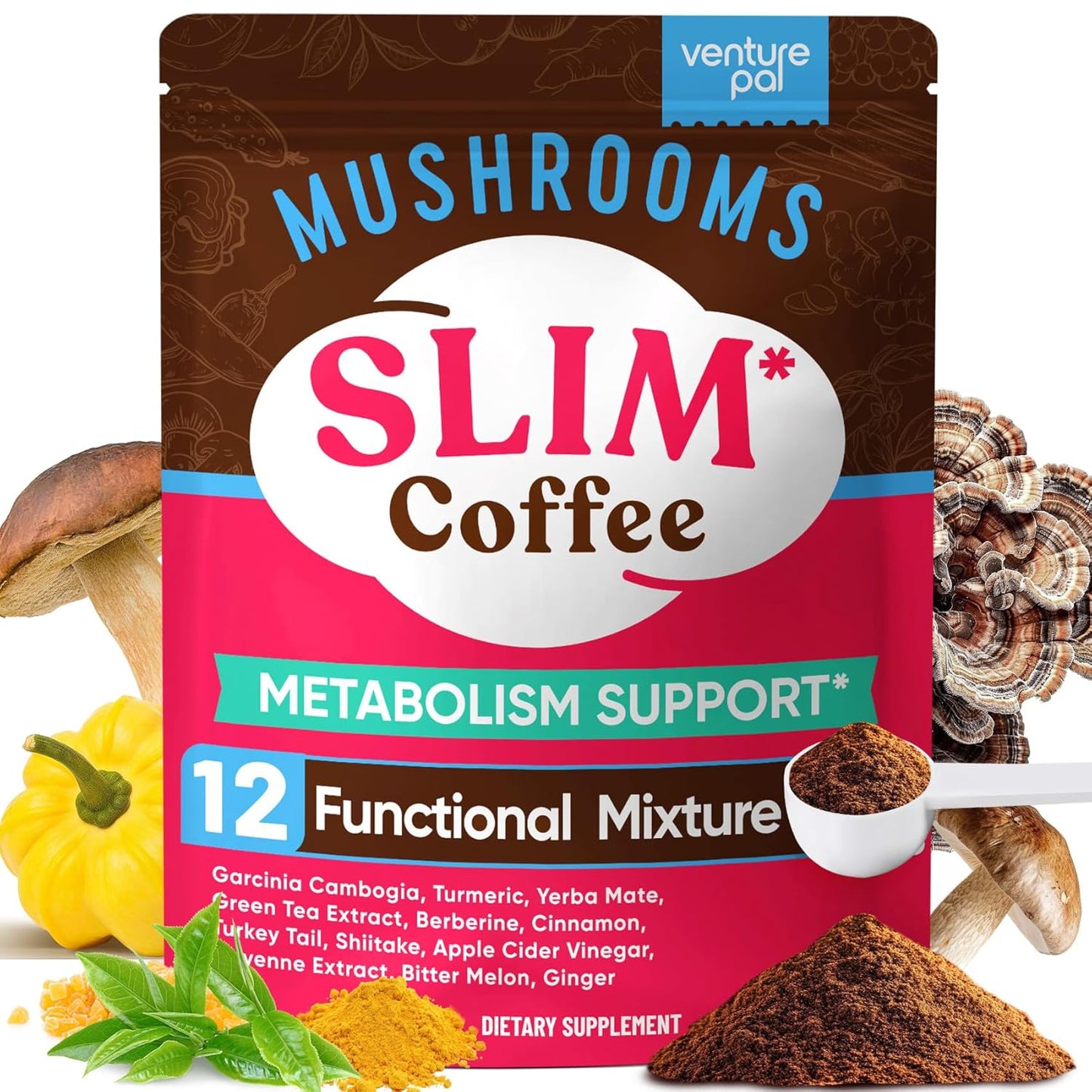 Venture Pal Slim Mushroom Coffee for Weight Loss, Instant Coffee with Berberine, Cinnamon, Yerba Mate, Turmeric, & More, 1800mg(10:1) Extract for Diet Support & Metabolism Boost - 40 Servings
