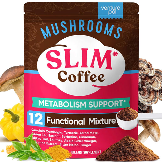 Venture Pal Slim Mushroom Coffee for Weight Loss, Instant Coffee with Berberine, Cinnamon, Yerba Mate, Turmeric, & More, 1800mg(10:1) Extract for Diet Support & Metabolism Boost - 40 Servings