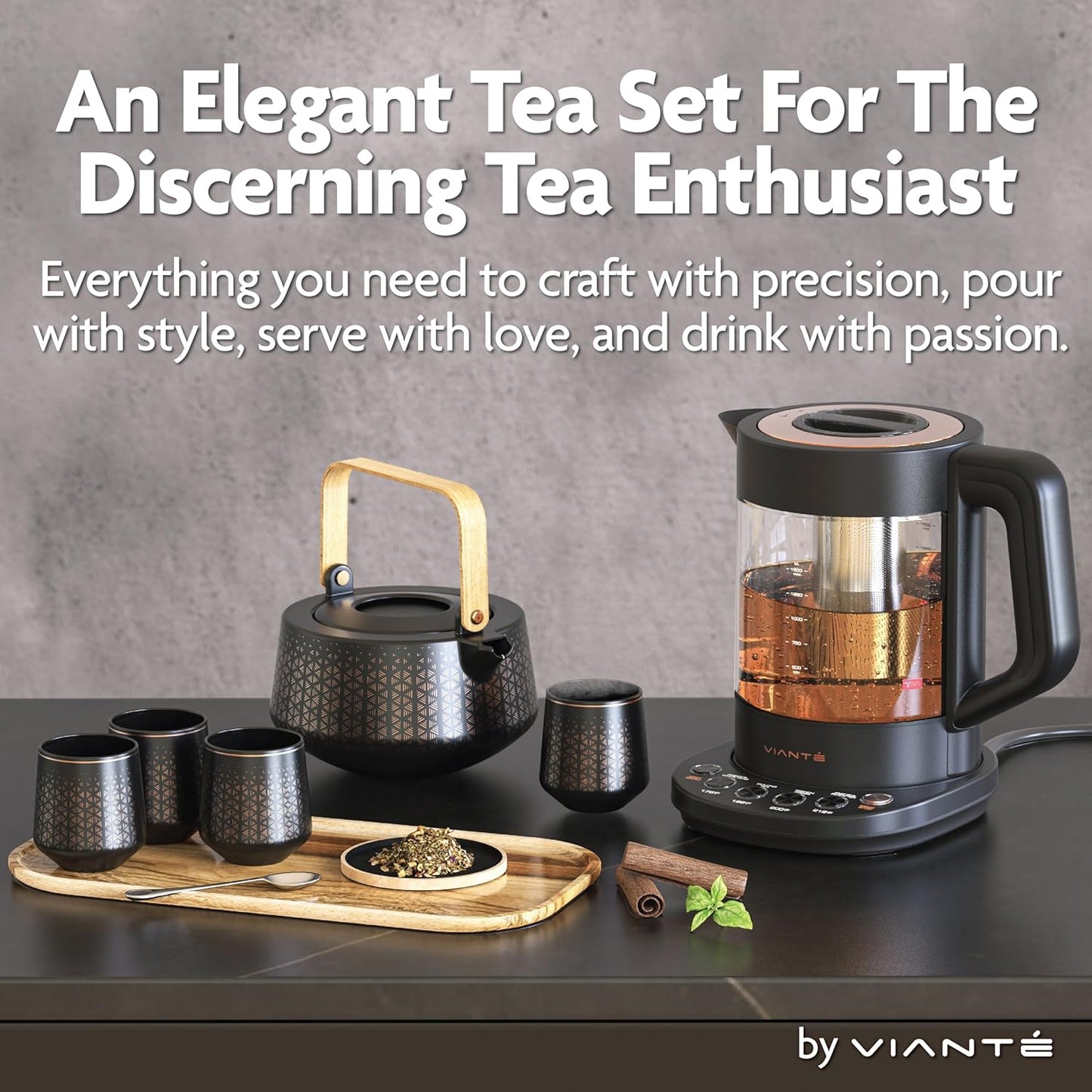 Vianté Luxury Tea Set. Electric Kettle with Infuser for Loose Leaf And Ceramic Serving Set. Teapot and Cup Set with Wooden Tray. Excellent Gift Idea For Tea Lovers.