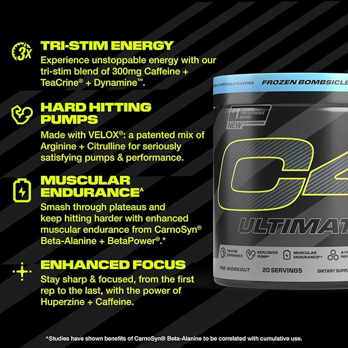 Cellucor C4 Ultimate Pre Workout Powder - Sugar Free Preworkout Energy Supplement for Men & Women - 300mg Caffeine + TeaCrine + Dynamine + Creatine - ICY Blue Razz, 20 Servings