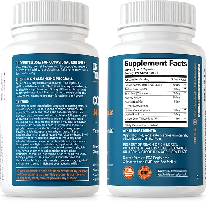 Dr. Tobias Colon 14 Day Cleanse, Advanced Gut Cleanse Detox for Women & Men with Cascara Sagrada, Psyllium Husk, Senna Leaf & Probiotics, Non-GMO Colon Cleanse, 28 Capsules 1-2 Daily